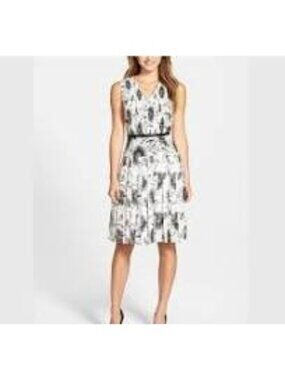 Halogen Women's Palm Tree Belted Pleat Print Fit & Flare Dress - Size 18W Office